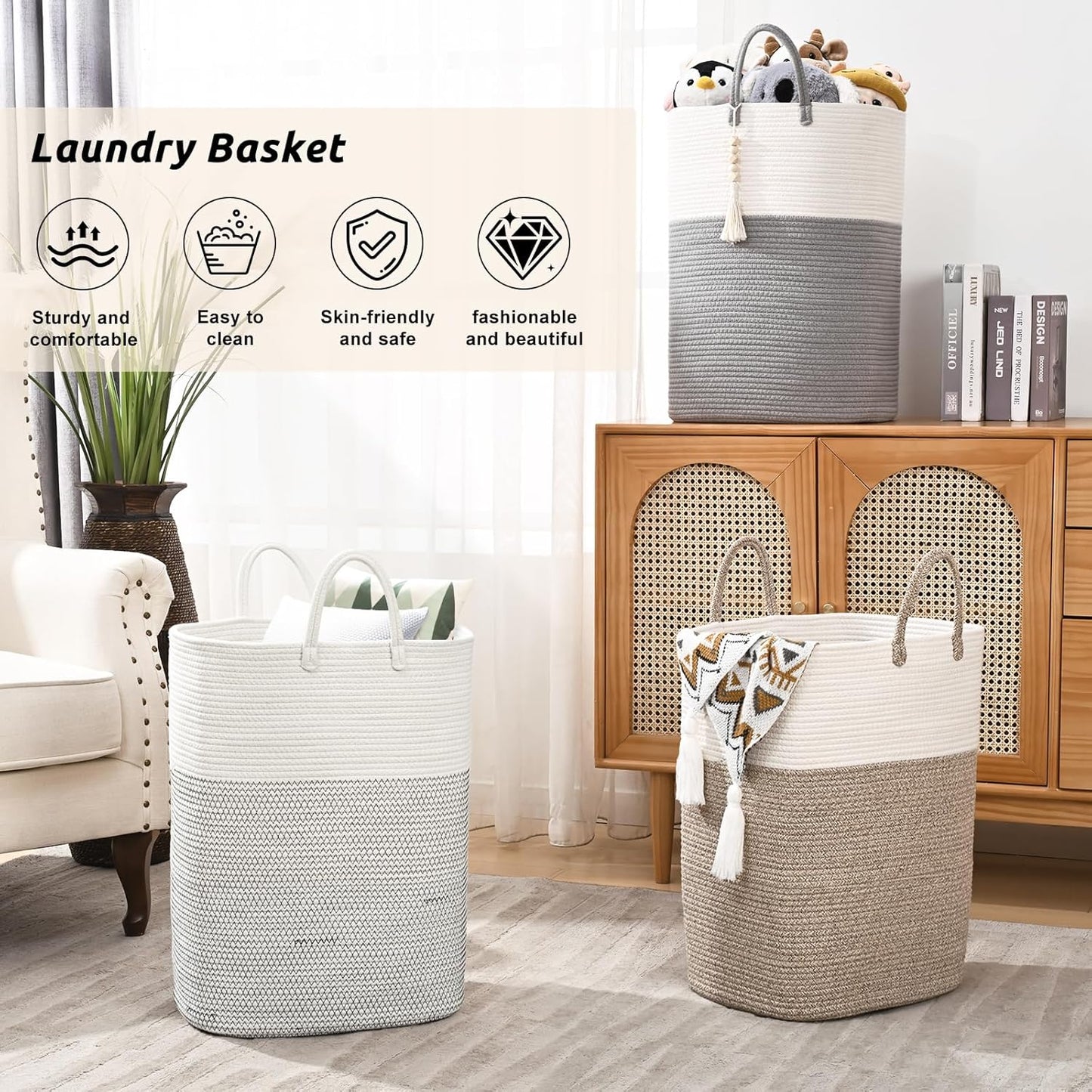 Woven Laundry Basket for Clothes, 100L Large Rectangle Laundry Hampers with Beads Tassel, Nursery Storage Basket for Toys, Tall Dirty Clothes Hamper for Bedroom Aesthetic, Laundry Room Organization