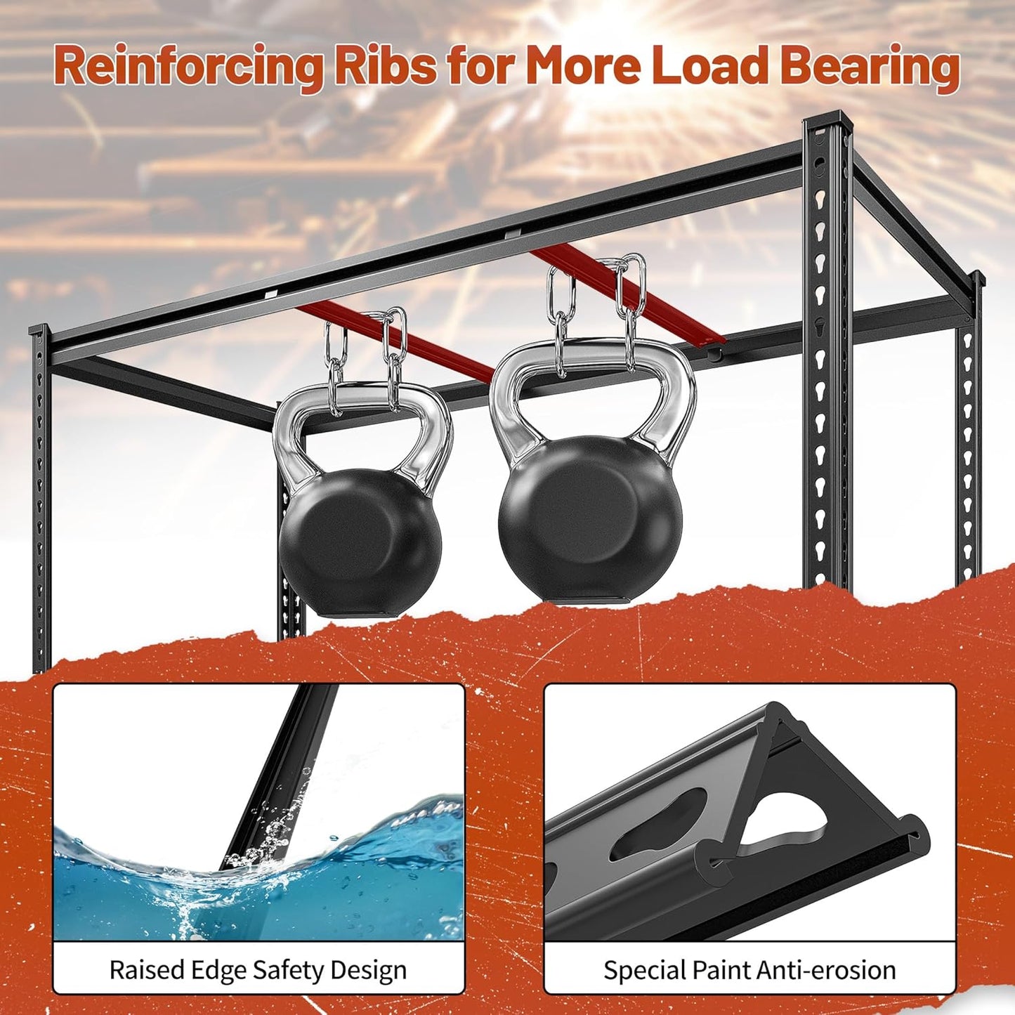 REIBII 48" W Garage Shelving Heavy Duty 2550 LBS Storage Shelves 4 Tier Heavy Duty Shelving, Adjustable Metal Shelves, Industrial Shelf for Garage, Warehouse, Pantry, 48" W x 60" H x 24" D