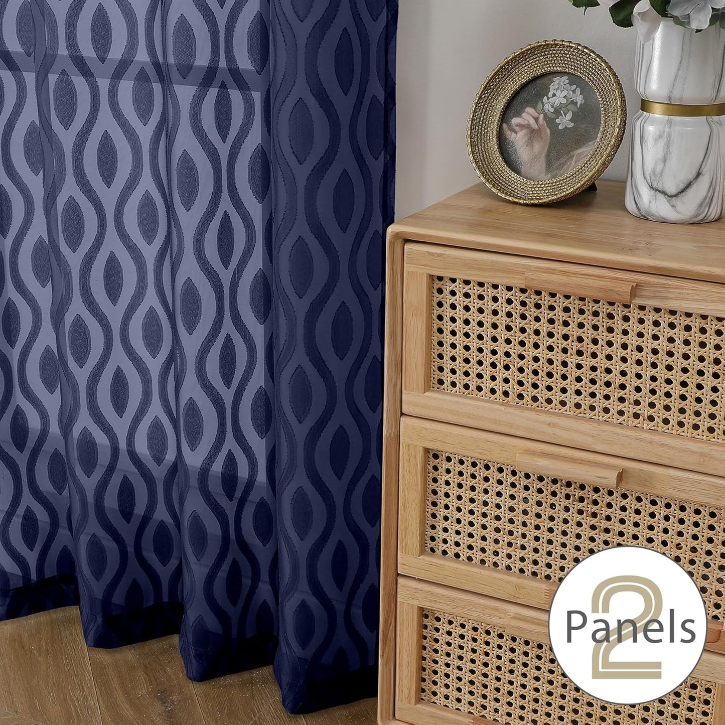 Aiyufeng Blue Valances for Windows, Chic Wavy Line Clip Jacquard Voile Sheer Small Window Curtain for Basement Small Curtains, Lightweight Rod Pocket Short Curtains for Windows, 2 PCS, 40Wx14L Inches