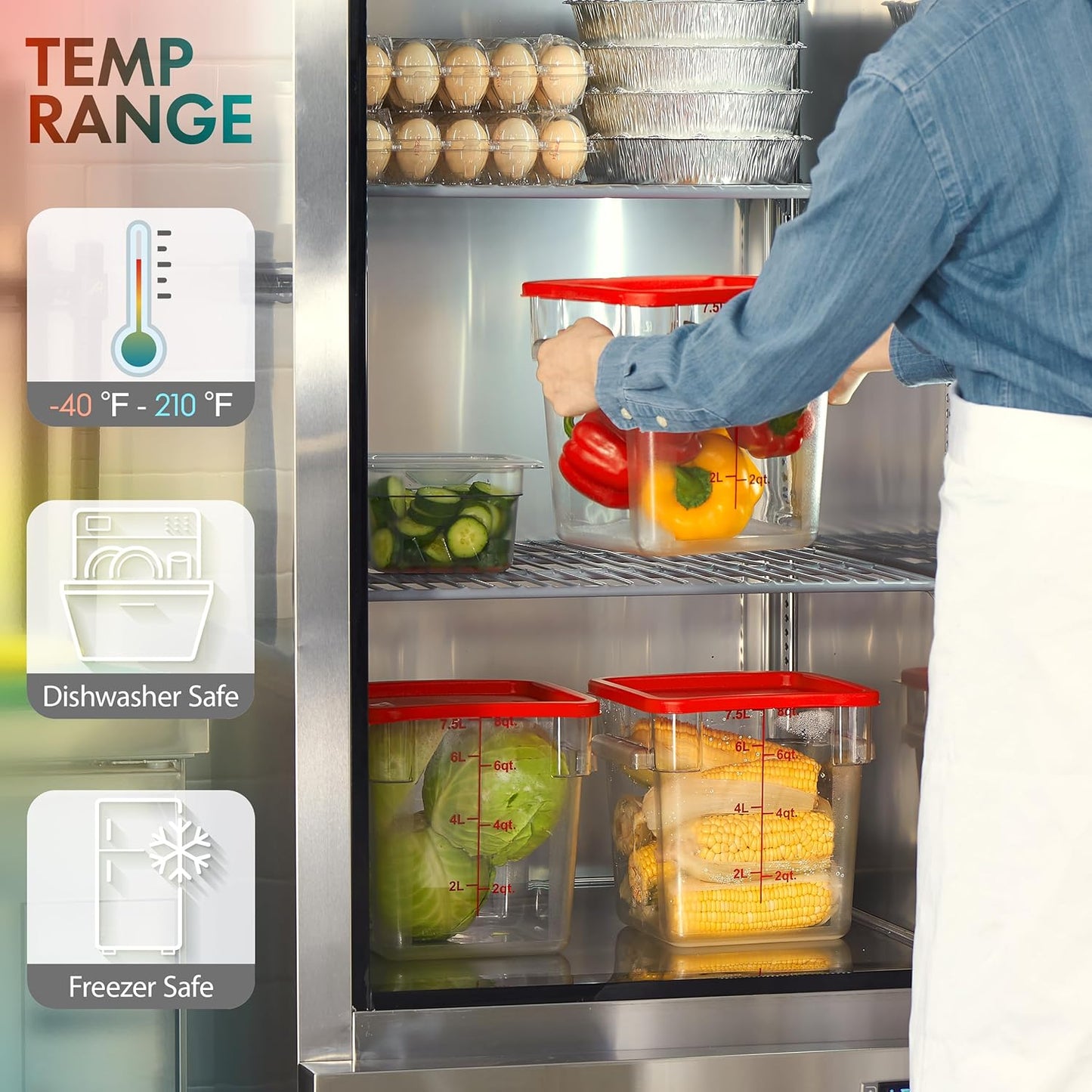 CURTA 4 Pack Food Storage Containers with Blue Lids - NSF Listed Commercial Grade in 22.0 Qt - Square, Clear, Polycarbonate