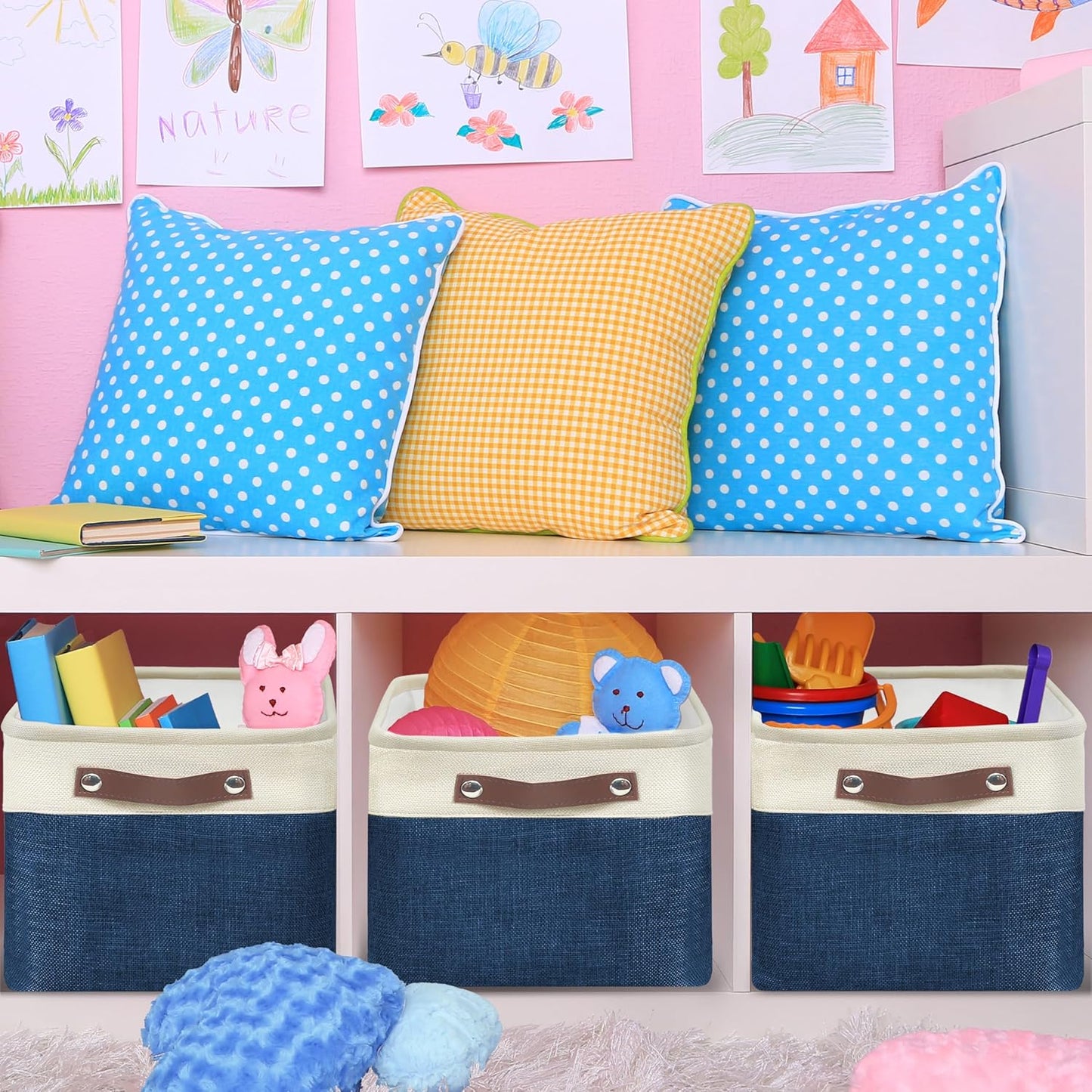 SIMPLE HOUSEWARE Large Fabric Storage Bin, 15" x 11" with Leather Like Handles, 3 Pack, Steel Blue