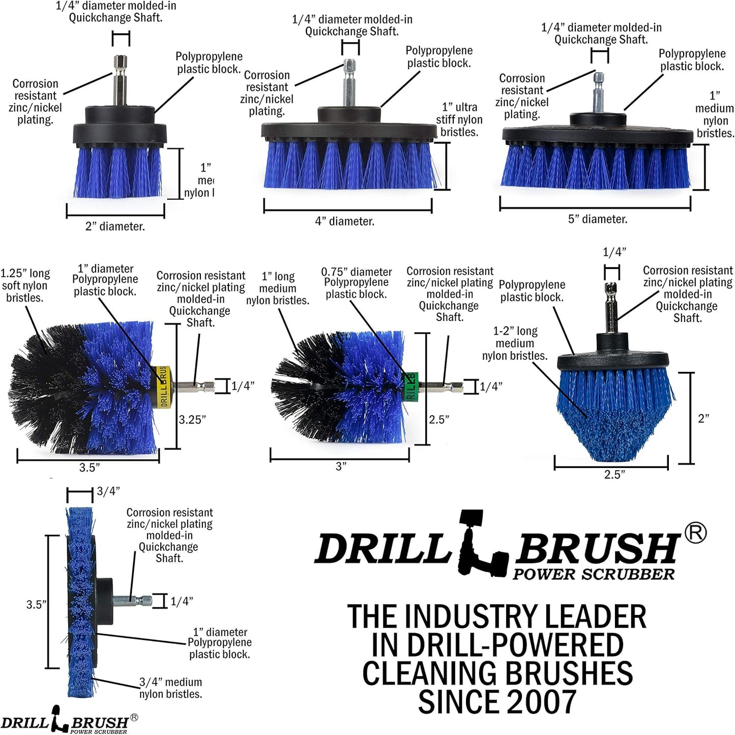 Drillbrush Stainless Steel Cleaning Brush Set, 21-Piece with Blue Medium Bristles, Edge & Cone Brush, Extension, Pads for Pool, Boat, Fish Tank, Aquarium