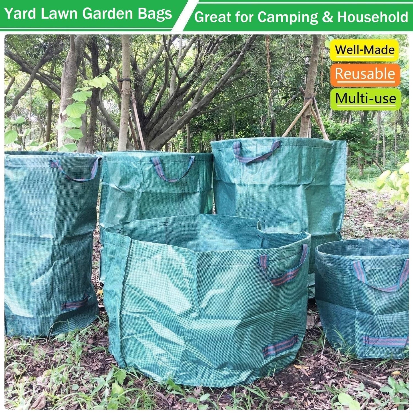 Professional 3-Pack 137 Gallon Lawn Garden Bags (D34, H34 inches) Big Yard Waste Bags with Garden Gloves, Extra Large Reusable Leaf Bags,Garden Clippings Bag,Leaf Container,Yard Trash Bags 4 Handles