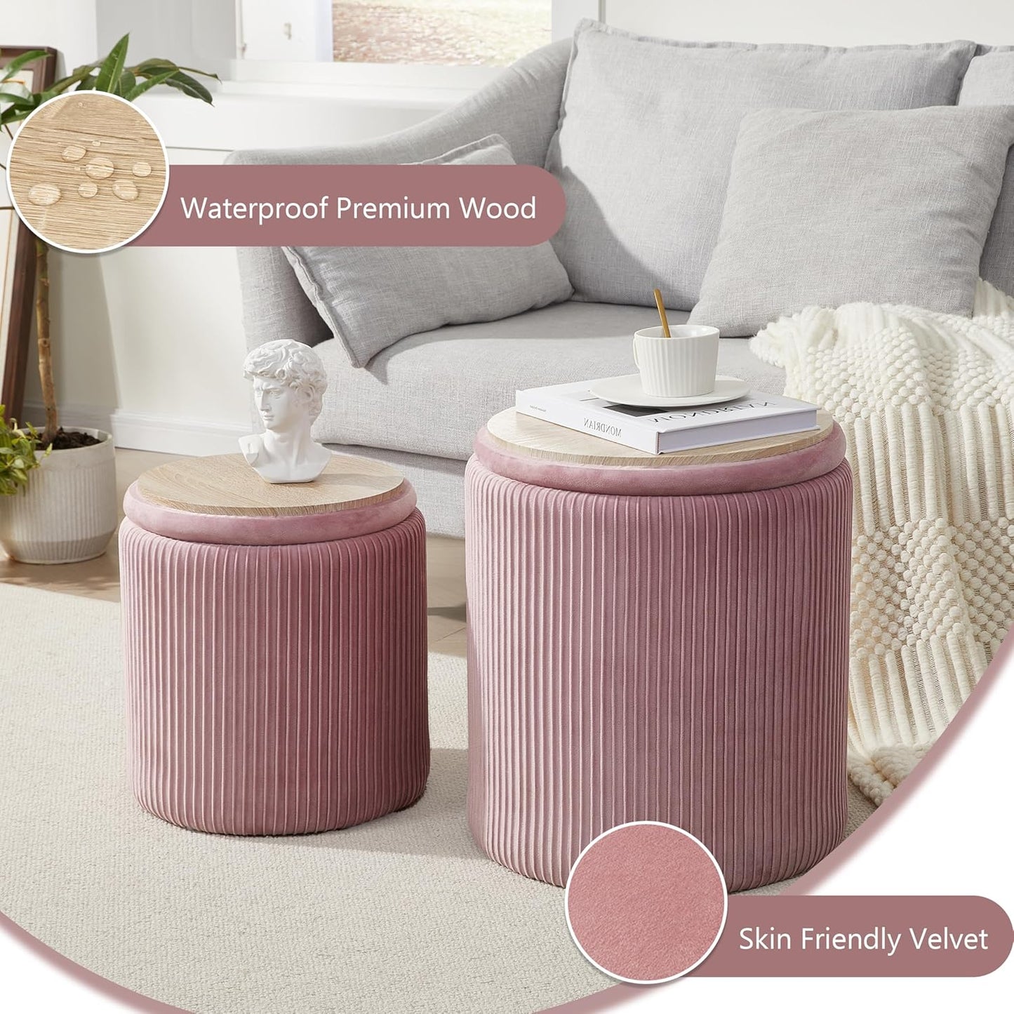 Round Ottoman with Storage Set of 2,Vanity Stool with Storage for Bedroom, Ottoman Coffee Table,Small Velvet Foot Stool for Living Room, Pink