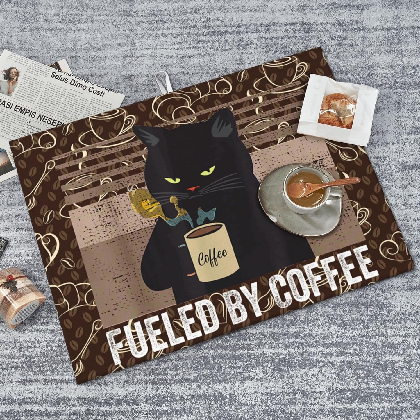 Vintage Cat Dish Drying Mat for Kitchen Counter Absorbent Reversible Retro Coffee Drying Pad Kitchen Decor Dish Drainer Rack Mats 18"x24"