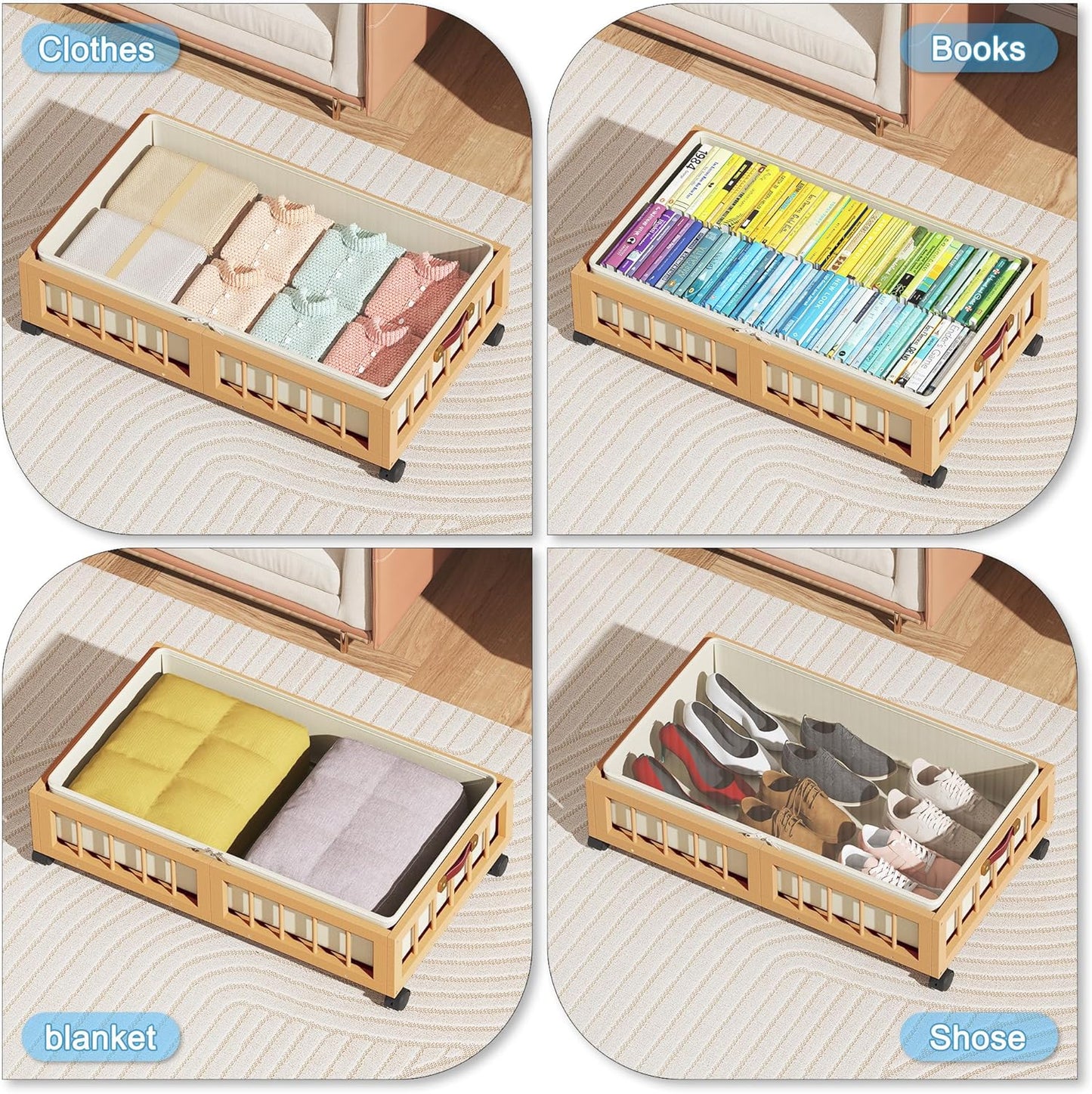 efluky 2-Pack Bamboo Under Bed Storage Containers with Wheels, Under Bed Clothes Storage Basket with Large Dust Bag, Rolling UnderBed Storage for Bedroom, Dorm and Basement, Nature