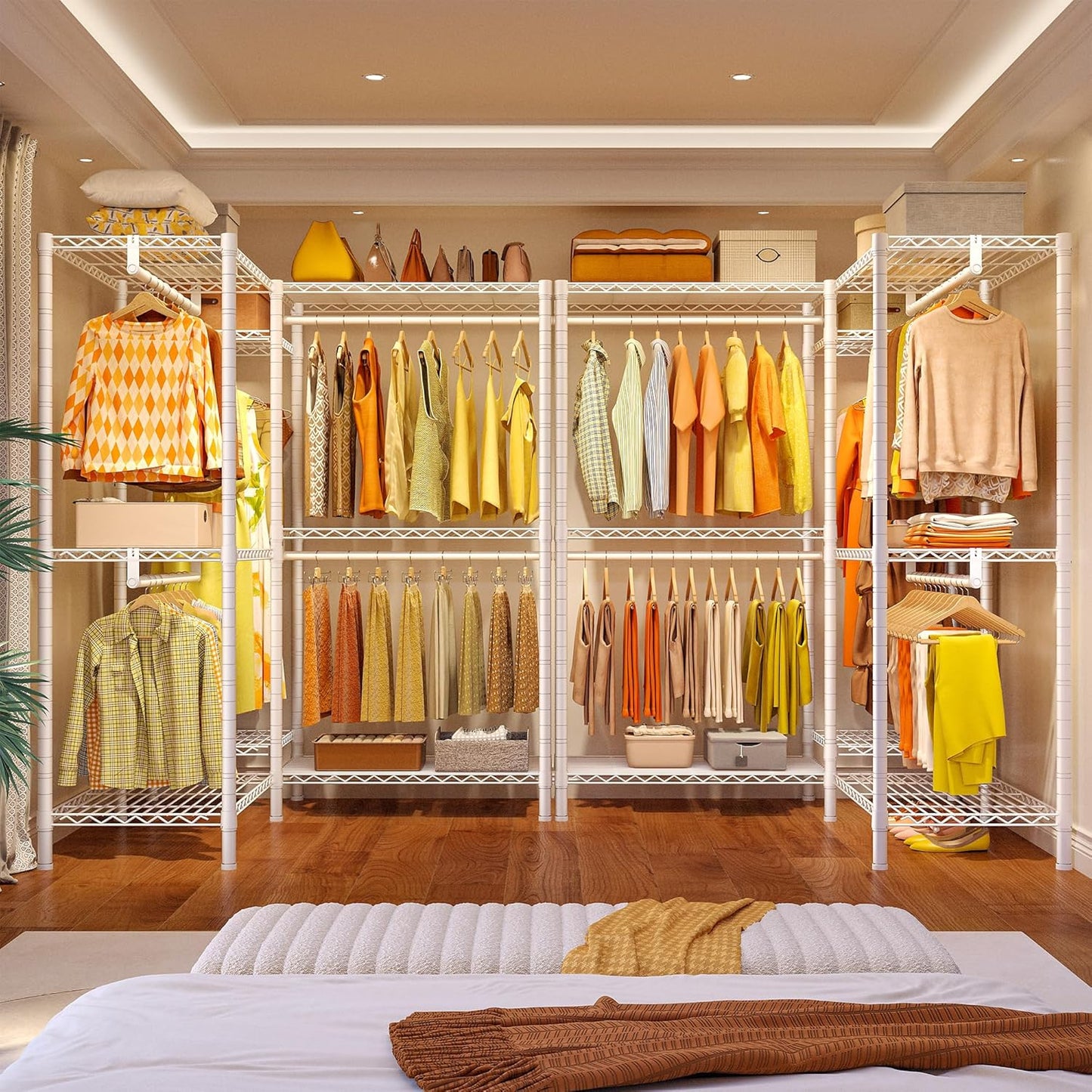 Raybee Clothes Rack,Clothing Racks for Hanging Clothes Heavy Duty,Adjustable Garment Rack with Shelves,rolling clothes rack Max Load 905LBS,75" W x 77" H x 17.8" D,White