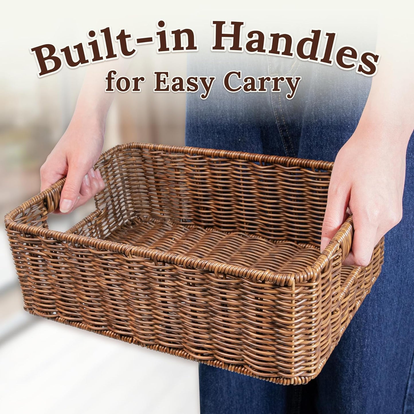 Baskets for Organizing, Undershelf Wicker Storage, Hand Woven Organizer for Closet Organization, Rectangular, Set of 3, Toffee