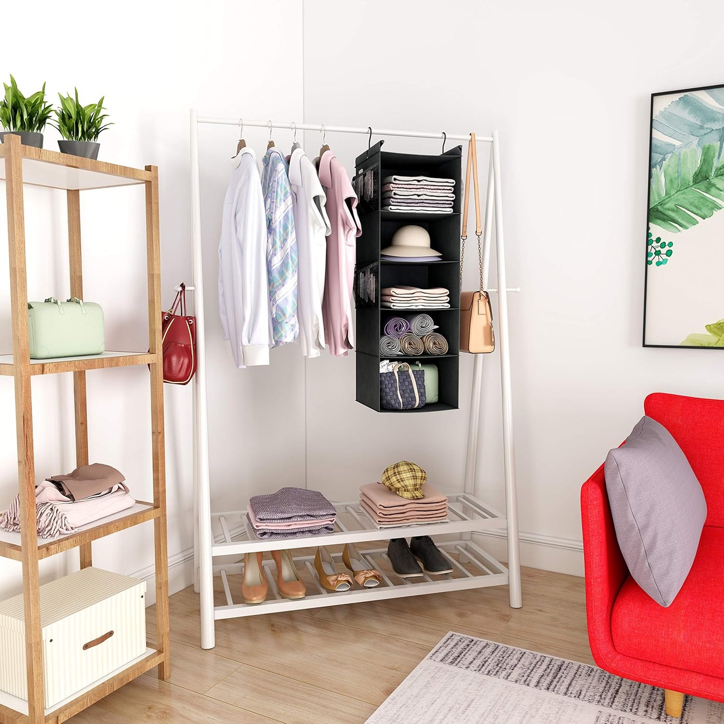 MAX Houser 5-Shelf Hanging Closet Organizer,Space Saver, Cloth Hanging Shelves with 4 Side Pockets,Foldable, Black