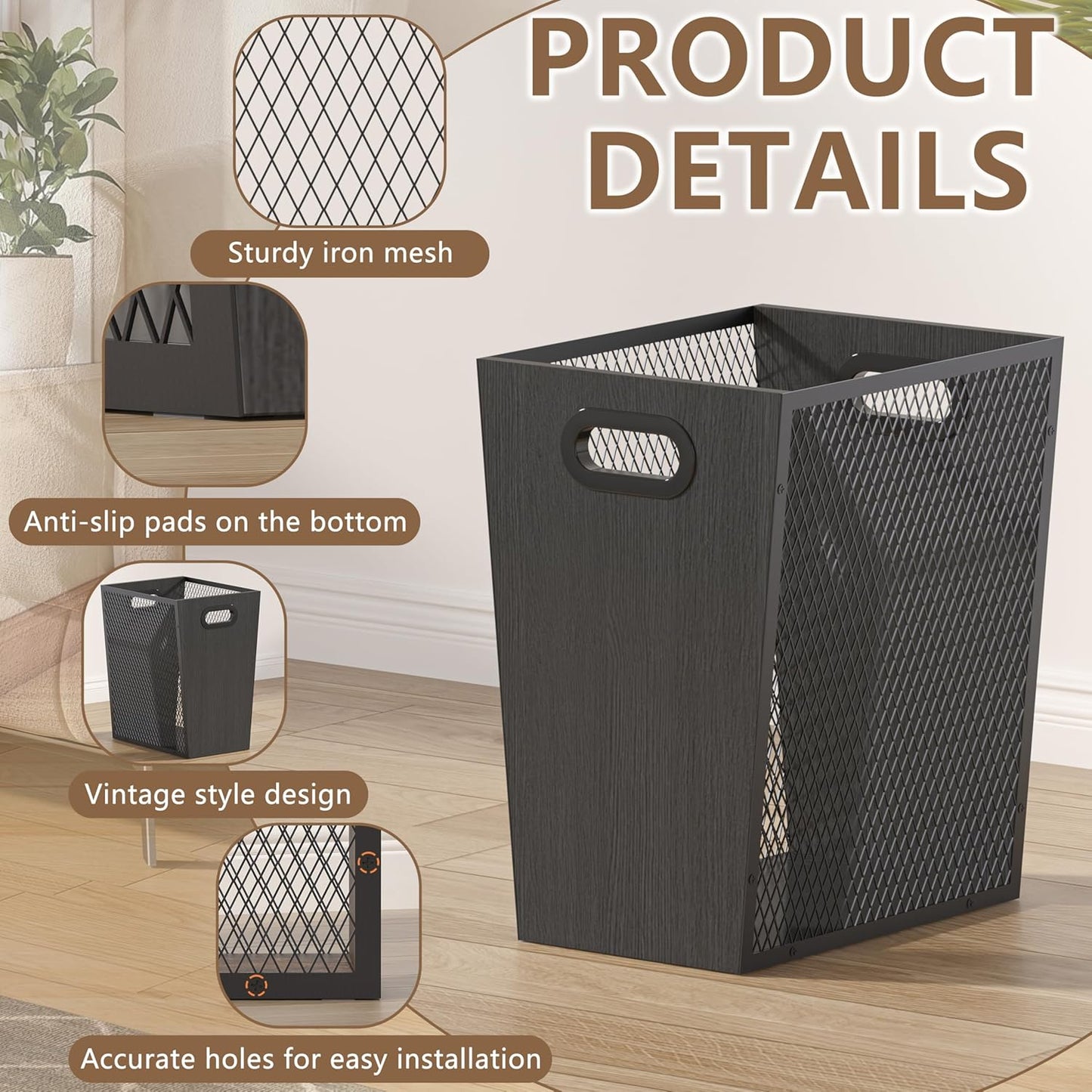 Piskyet Black Office Trash Can for Near Desk,7 Gallon Unique Wood Bedroom Garbage Can,Vintage Wastebasket with Handle, Decorative Trash Can for Home Office,2pack 12.2" L x 9.6" W x 14.9" H