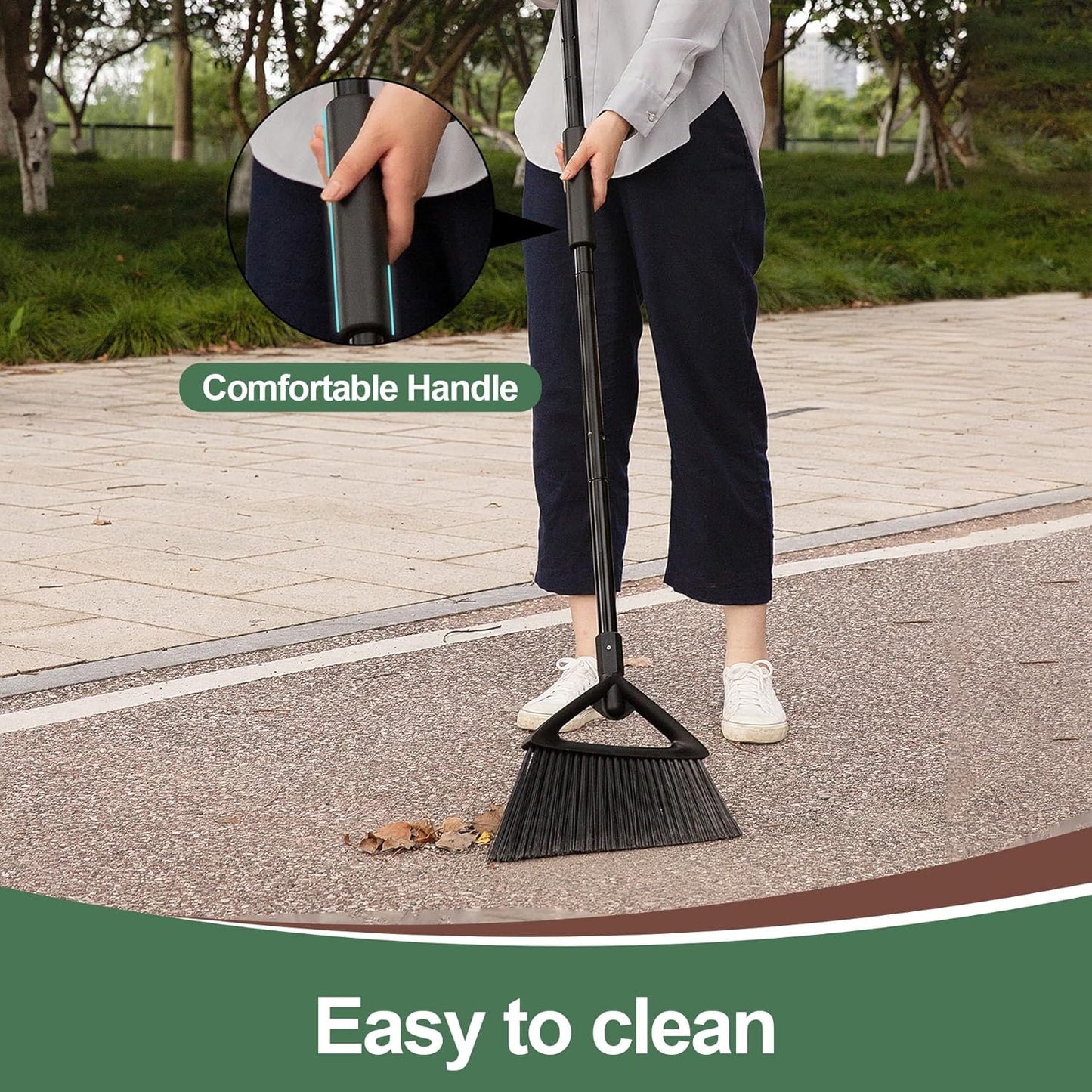 Eyliden Broom, Angle Broom with 57" Long Handle - Fit Heavy-Duty Cleaning, Also Works Well Fine Dust - Commercial Outdoor Indoor Sweeper for Courtyard, Sidewalk, Deck, Kitchen, Lobby, Garage, Black