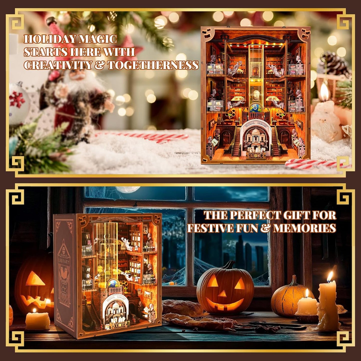 Book Nook Kit, Global Library Booknook with LED Light, DIY Miniature Dollhouse, Dual Power Options (Battery/Type-C), Unique Bookshelf Decor, Gift for Adults and Teens