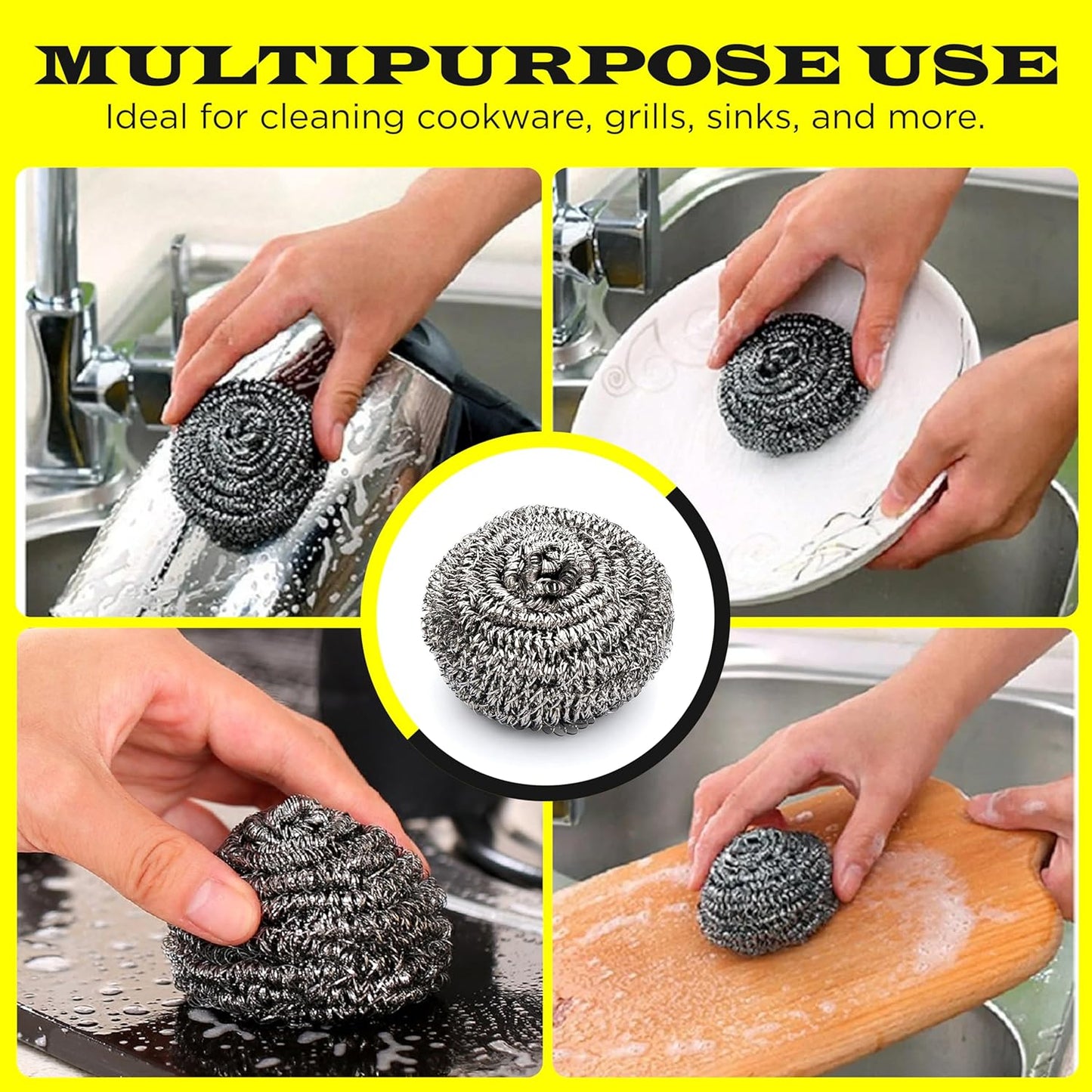 6 Pcs Simba Stainless Steel Wool Scrubber Pads for Cleaning Pans, Pots, Dishes, Ovens, Grills, Sinks, Bathroom and Kitchen, Scourer 6 Pack