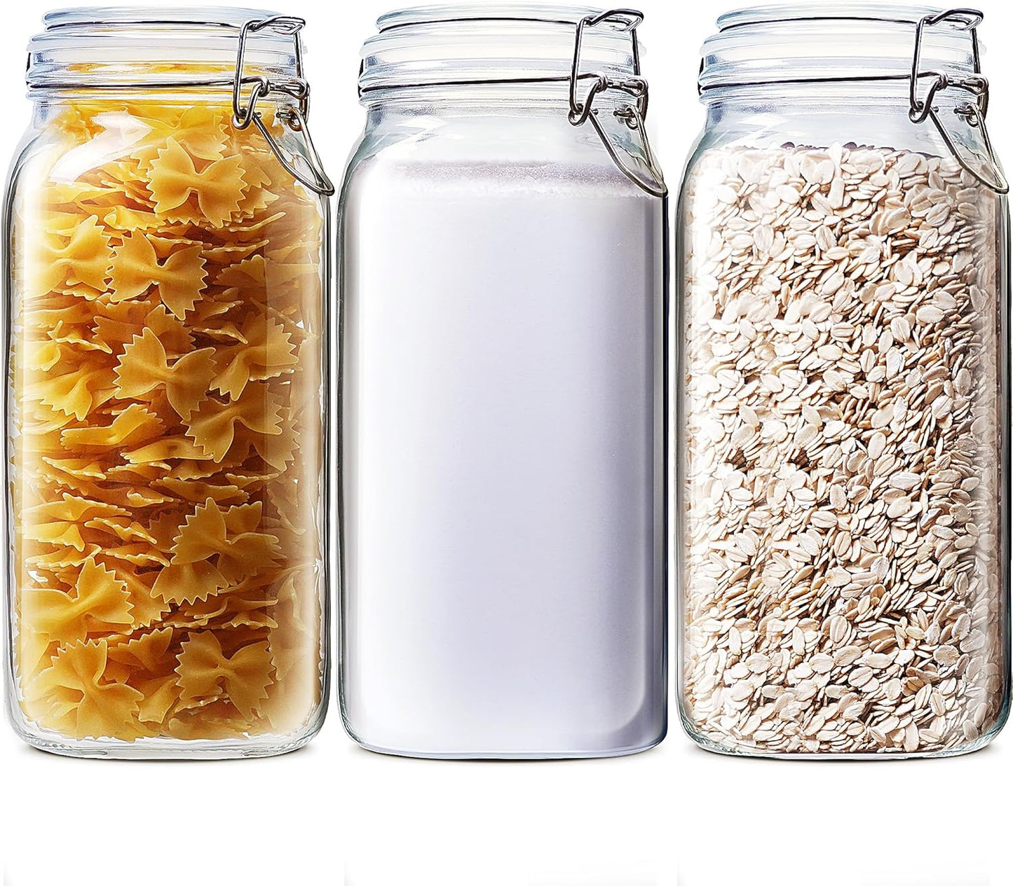 78oz - 3 Pack Square Glass Jars with Airtight Lid, Wide Mouth Mason Jars with Clamp Lids, Air Tight Glass Canisters, Best Food Storage Containers for Flour, Sugar, Cereal, Pasta, Rice, Coffee, Spice