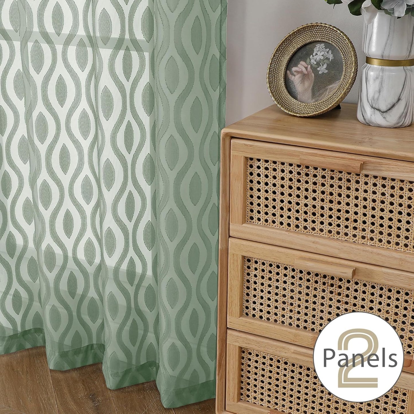 Aiyufeng Green Sheer Curtains Tiers 36 Inch Length 2 Panels Set, Airy Lightweight Clip Jacquard Short Kitchen Window Curtains, Modern Wavy Line Textured Voile Sheer Curtain Panles, 40" Wx36 L Inches