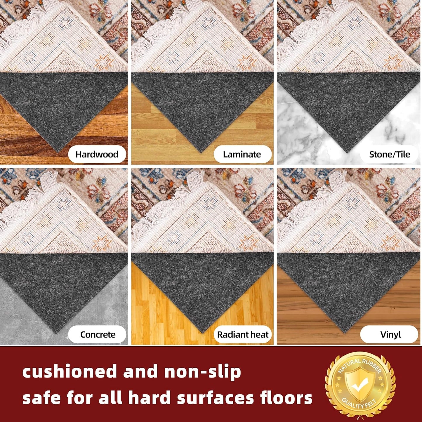 BAGAIL Felt and Natural Rubber Backing Rug Pads 1/4” Thick, 8 x 11 Ft Non Slip Rug Gripper Keep Rugs in Place, Under Area Rug Protective Cushioned Pads, Carpet Runners, Hardwood Floors Protection
