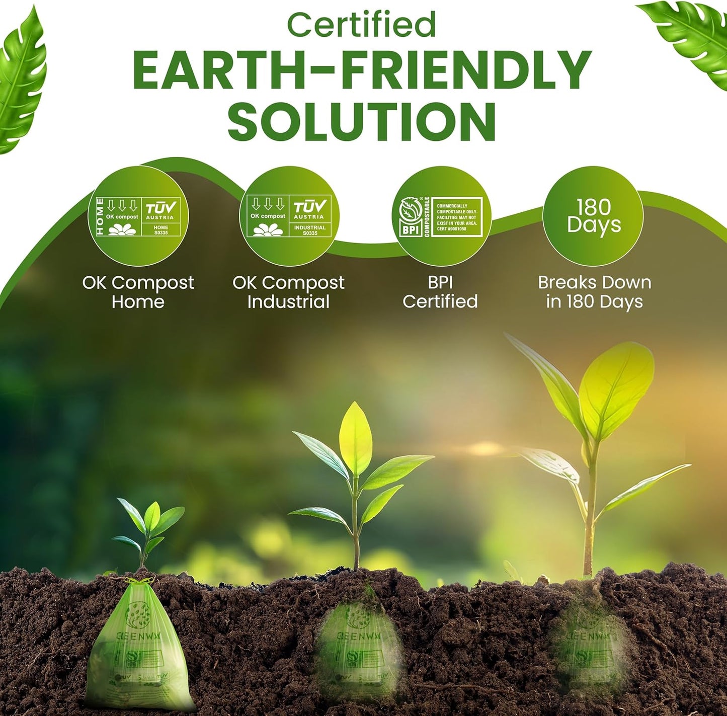 GREENWAY 13 Gallon Compostable Trash Bags Drawstring, 50 Bags, Heavy Duty Extra Thick 0.90 Mil, Tall Kitchen Food Scrap Waste Bags, US BPI and Europe OK Compost Home Certified