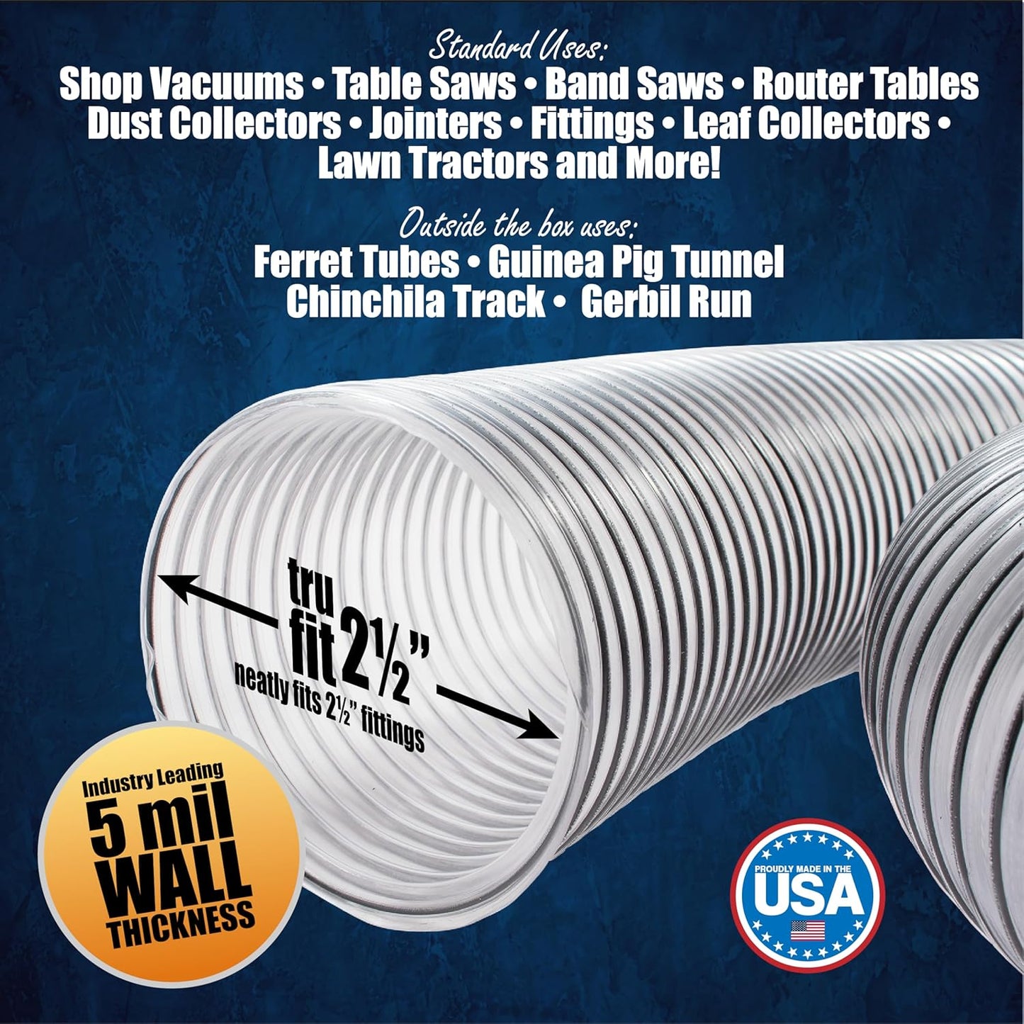 2-1/2" x 20' PVC Dust Collection Hose, Puncture Resistant, Carbon Steel Wire, Clear Flexible PVC Dust Collector Hose, Proudly Made in USA