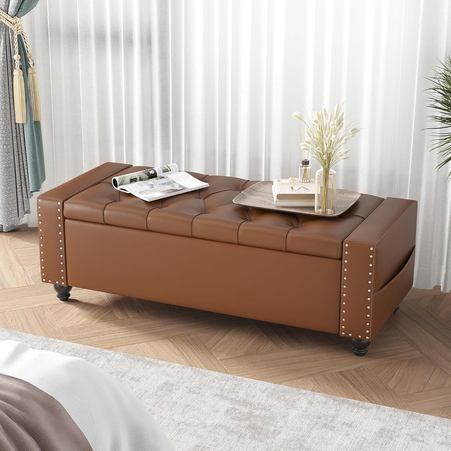 Maupvit Storage Ottoman Bench, 49 Inch Bedroom Bench, Upholstered Ottoman with Storage, Entryway Bench with Tufted Button, Faux Leather Window Bench for Bedroom, Living Room, Entryway, Hallway, Brown