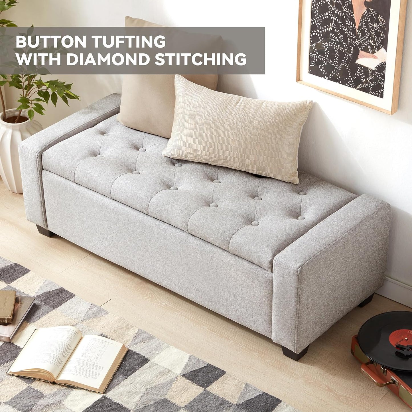 48" Ottoman with Storage, Large Storage Ottoman Bench for Bedroom with Safety Hinge, Upholstered Window Benches, End of Bed Bench for Living Room, Entryway Bench with Seating, LightGray