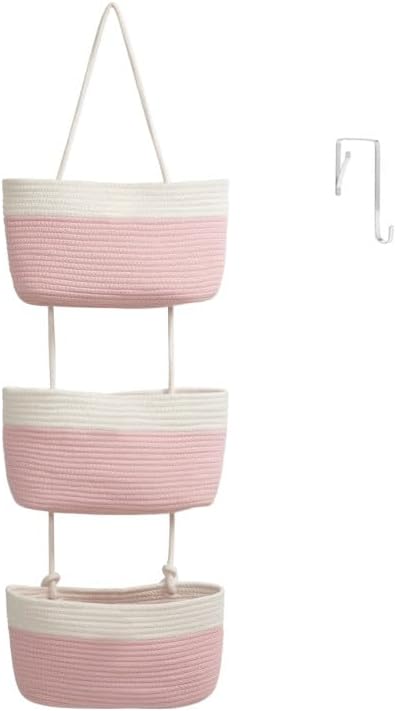 TeoKJ Over the Door Organizer, 3-Tier Woven Cotton Hanging Kitchen Baskets Storage Organizer Bag with Hooks Wall-Mounted Decorative Rope Baskets - Pink+White