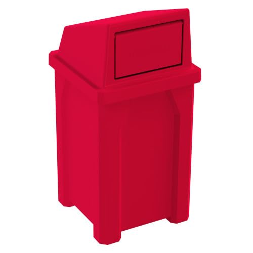 32 Gallon Square 100% Recycled Plastic Heavy Duty Outdoor Trash Can with Push Lid - Great for Schools and Businesses - Red