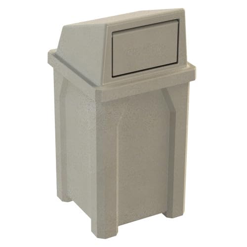 32 Gallon Square 100% Recycled Plastic Heavy Duty Commercial Outdoor or Indoor Trash Can with Push Lid - Great for Schools and Businesses - Beige Granite