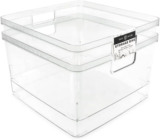 Isaac Jacobs 2-Pack Square Clear Storage Bins (10” L x 10” W x 6.1” H) w/Cutout Handles, Plastic Organizer for Home, Office, Kitchen, Fridge/Freezer, Bathroom, BPA Free, Food Safe (2-Pack, Square)