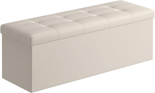 SONGMICS Mazie Collection - 43 Inches Folding Storage Ottoman Bench, Ottoman with Storage, Foot Rest Stool, Load 660 lb, for Living Room, Synthetic Leather, Cream White ULSF70M