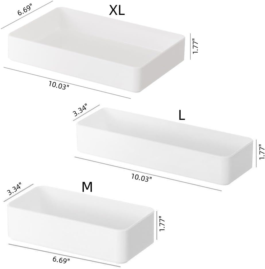 RAUVOLFIA Plastic Stackable Office Desk Drawer Organizers,Multi-size Trays,Small Makeup Vanity Storage Bins and Office Desk Drawer Dividers (White-5 Pack)