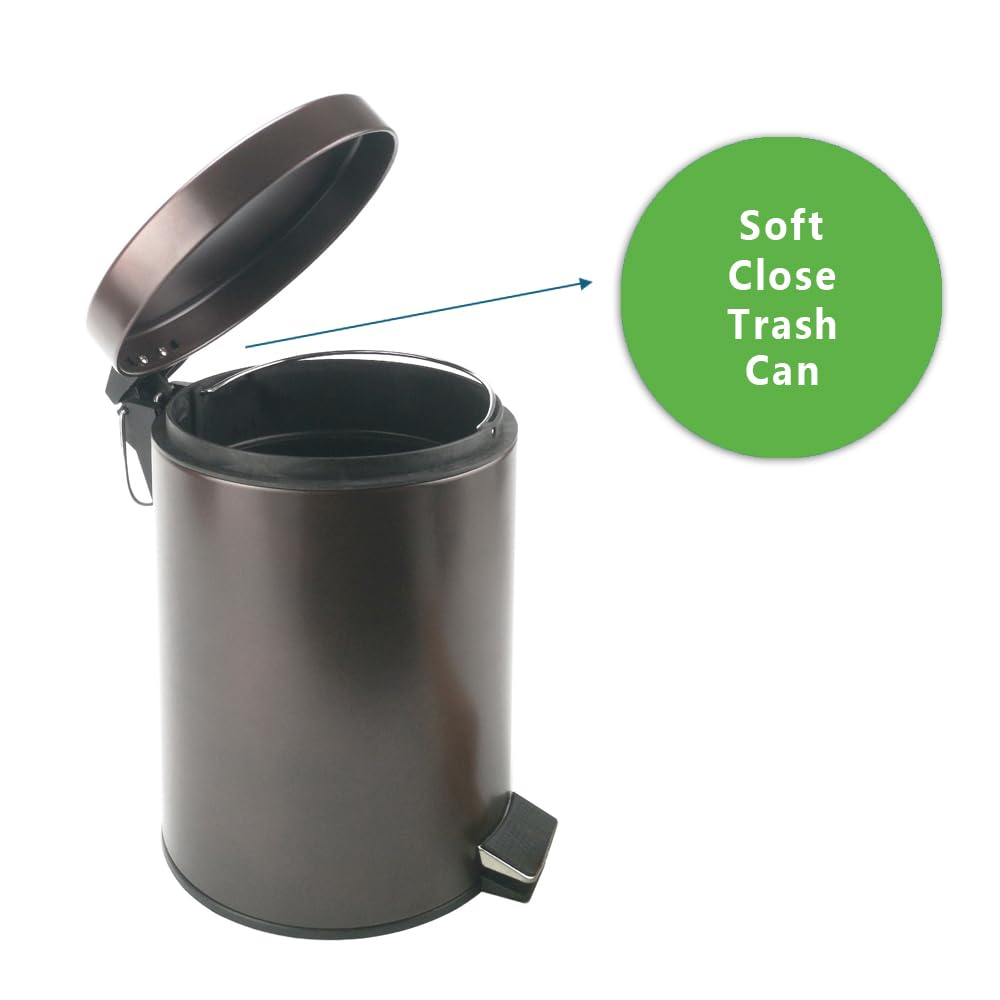 Stainless Steel Small Trash Can with Lid & Step Pedal - 5 Liters/1.3 Gallon Soft Close Waste Basket with Removeable Inner Bucket - Garbage Can for Bathroom, Bedroom, Kitchen & Office (Bronze)