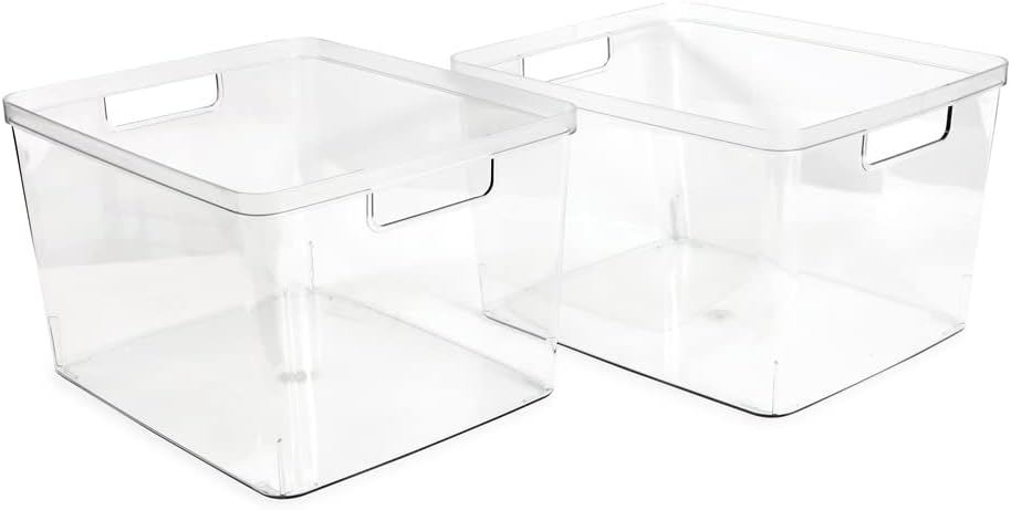 Isaac Jacobs 2-Pack Extra-Large Clear Storage Bins (11.5” L x 14” W x 9” H) w/Cutout Handles, Plastic Organizer for Home, for Kitchen, Fridge, Pantry, BPA Free, Food Safe (2-Pack, Extra-Large)