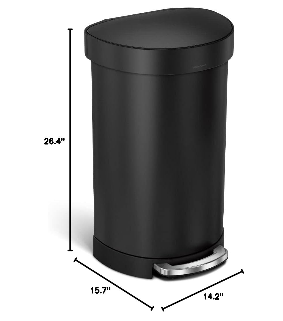 simplehuman 45 Liter Semi-Round Hands-Free Kitchen Step Trash Can with Soft-Close Lid, Matte Black