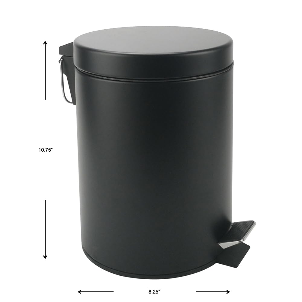 Stainless Steel Small Trash Can with Lid & Step Pedal - 5 Liters/1.3 Gallon Soft Close Waste Basket with Removeable Inner Bucket - Garbage Can for Bathroom, Bedroom, Kitchen & Office (Black)