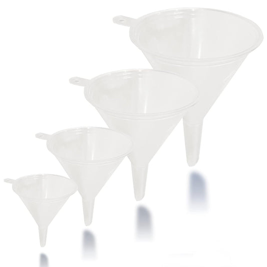 Funnel Set (4 Sizes: 122, 101, 76, 50mm) - Durable, Non-Toxic, Food-Grade Plastic funnels for Filling Bottles and containers. Ideal for Kitchen, Garage, or Labs. Perfect for Precise Pouring.