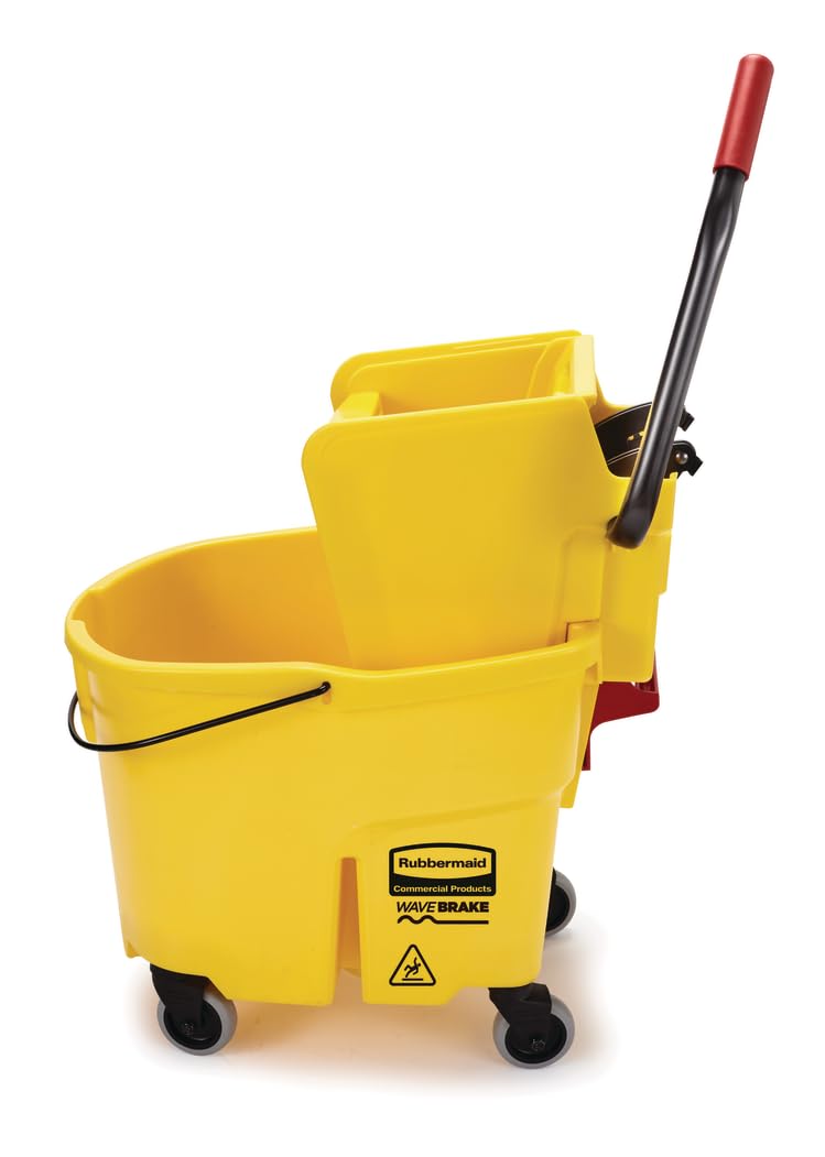 Rubbermaid Commercial Products WaveBrake 35 Qt. Side-Press Mop Bucket and Wringer Combo on Wheels Yellow for Professional/Industrial/Business Heavy-Duty Floor Cleaning/Mopping