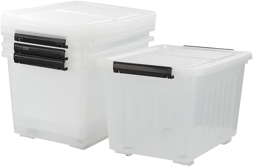 Asking 30 L Plastic Storage Box with Lid, 4-Pack Wheeled Clear Plastic Boxes