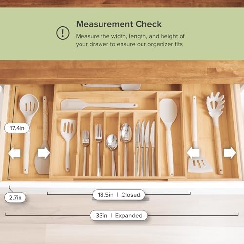 KitchenEdge Premium Silverware, Flatware and Utensil Organizer for Kitchen Drawers, Food-Safe Contract Grade, Expandable from 18 to 33 In, Natural Bamboo