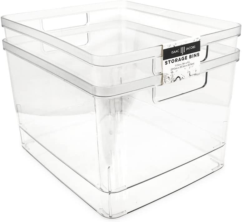 Isaac Jacobs 2-Pack Extra-Large Clear Storage Bins (11.5” L x 14” W x 9” H) w/Cutout Handles, Plastic Organizer for Home, for Kitchen, Fridge, Pantry, BPA Free, Food Safe (2-Pack, Extra-Large)