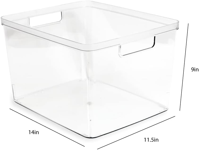 Isaac Jacobs 2-Pack Extra-Large Clear Storage Bins (11.5” L x 14” W x 9” H) w/Cutout Handles, Plastic Organizer for Home, for Kitchen, Fridge, Pantry, BPA Free, Food Safe (2-Pack, Extra-Large)