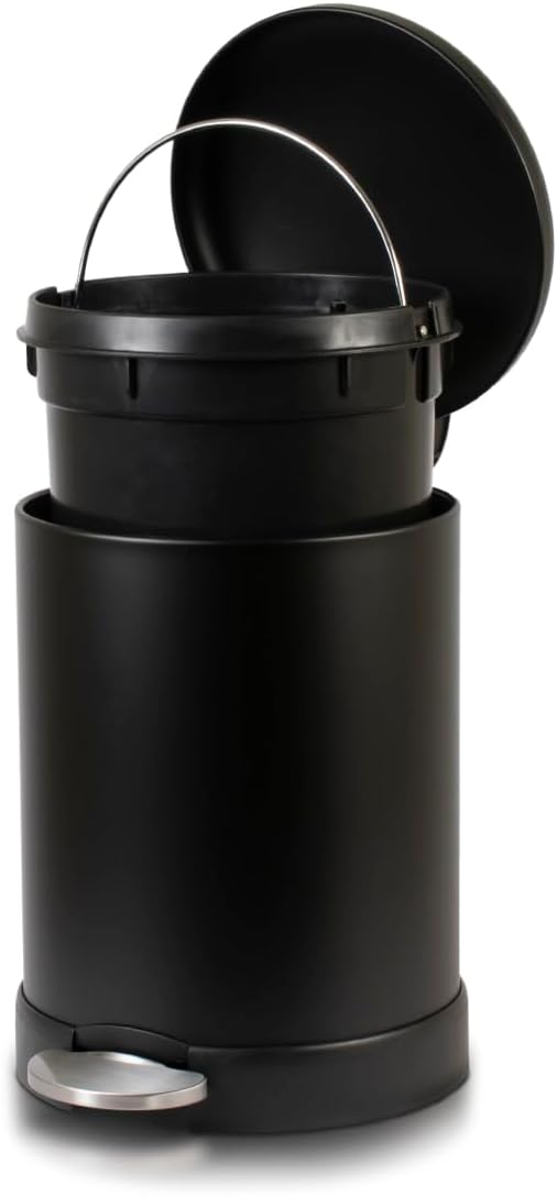 Glad Small Trash Can, 1.2 Gallon | Round Stainless Steel Garbage Bin with Soft Close Lid & Step Foot Pedal | Black Metal Waste Basket with Removable Inner Bucket, Matte Black