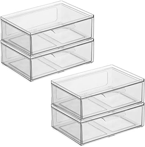 mDesign Plastic Wide Stackable Kitchen Storage Organizer Bin Containers with Front Pull Drawer for Cabinet, Pantry, Fridge, Freezer, Shelf, Refrigerator Organization, Lumiere Collection, 4 Pack, Clear