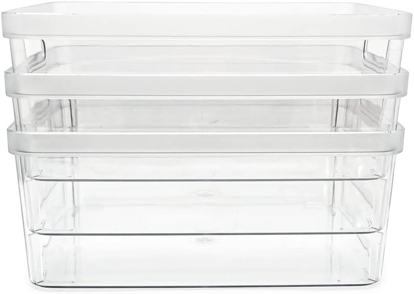 Isaac Jacobs 3-Pack Medium Clear Storage Bins (8” L x 10” W x 4.25” H) w/Cutout Handles, Plastic Organizer for Home, Office, Kitchen, Fridge/Freezer, Bathroom, BPA Free, Food Safe (3-Pack, Medium)