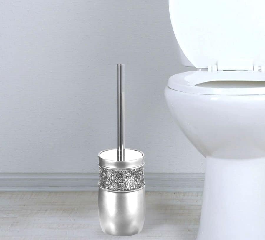Crackled Glass Toilet Brush with Holder - Silver Toilet Bowl Cleaner Brush and Holder - Good Grip, Deep Cleaning, Decorative Design Compact Toilet Bowl Scrubber