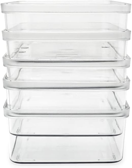 Isaac Jacobs 5-Pack Small Clear Storage Bins (5.5” L x 7.75” W x 2.5” H), Plastic Organizer for Home, Office, Kitchen, Fridge/Freezer, Desk, Bathroom, Drawers, BPA Free, Food Safe (5-Pack, Small)
