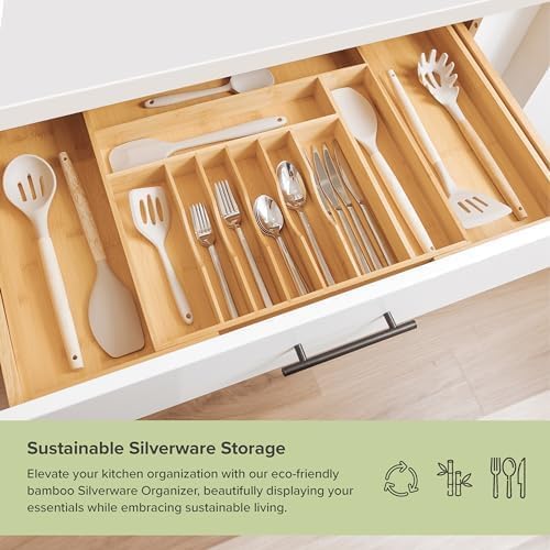 KitchenEdge Premium Silverware, Flatware and Utensil Organizer for Kitchen Drawers, Food-Safe Contract Grade, Expandable from 18 to 33 In, Natural Bamboo
