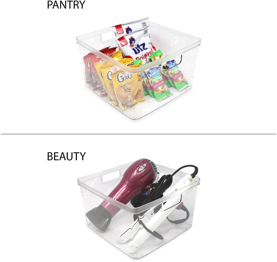 Isaac Jacobs 2-Pack Square Clear Storage Bins (10” L x 10” W x 6.1” H) w/Cutout Handles, Plastic Organizer for Home, Office, Kitchen, Fridge/Freezer, Bathroom, BPA Free, Food Safe (2-Pack, Square)