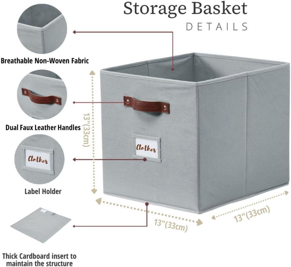 DECOMOMO Storage Cubes, 13x13x13 Storage Cube Bins with Labels, Fabric Organizer Bins (13" / 6pcs, Grey)