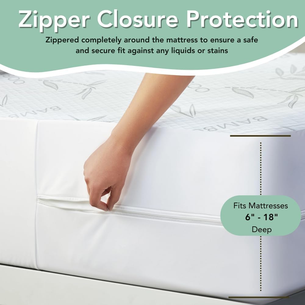 Bamboo Rayon Mattress Protector with Zipper +1 Pillow Protector - 100% Waterproof Cooling Twin Size Cover - Ultra Soft Fabric Breathable Noiseless Mattress Pad Covers Zippered Encasement