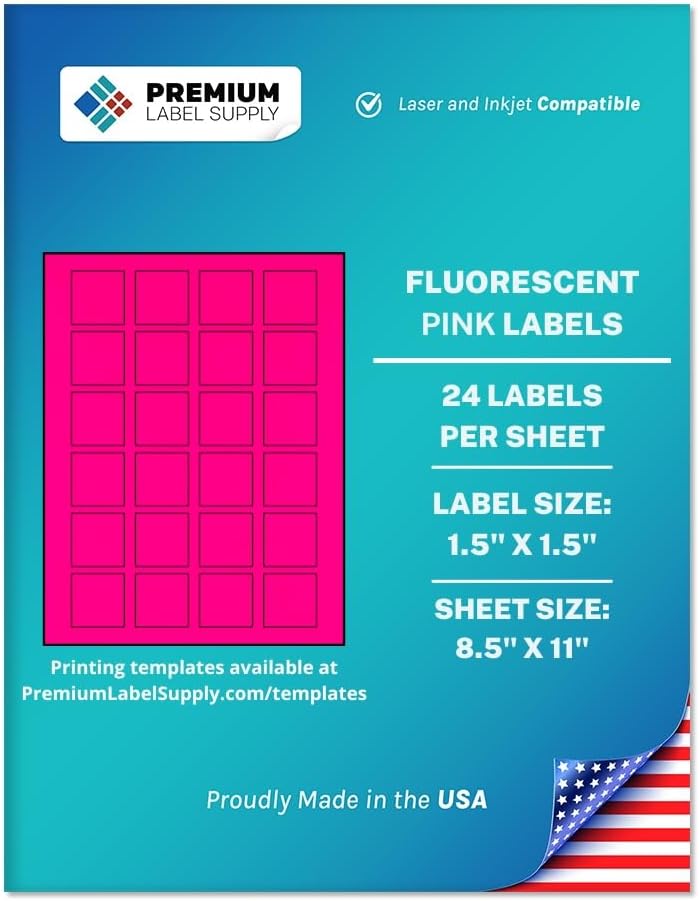 Premium Label Supply Bright Neon Color Fluorescent Sticker Labels - 1.5" x 1.5" Square Labels - (Fluorescent Pink, 12,000 Labels)